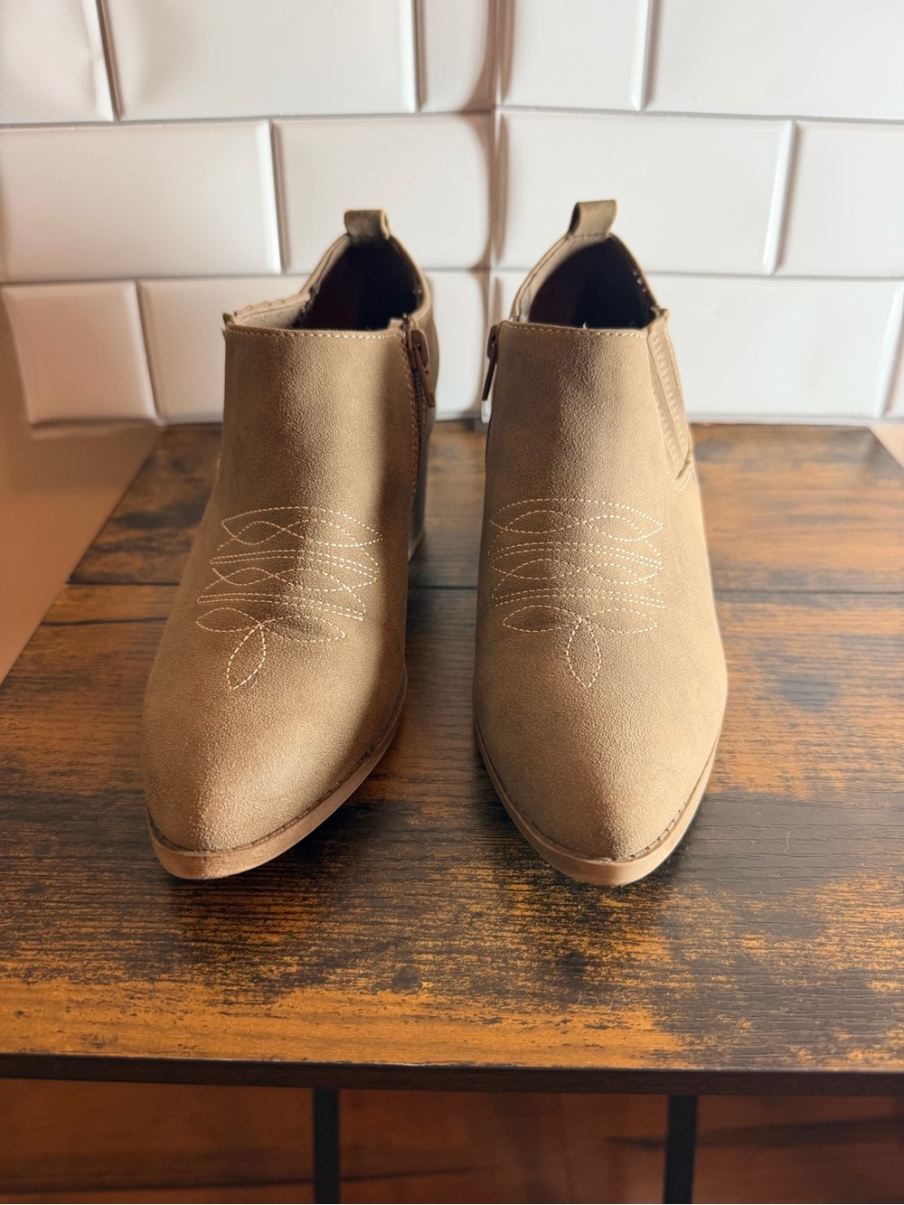 Jellypop Tan Suede Ankle Booties with Embroidered Toe